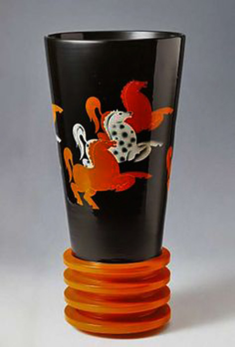 'Cavalli' vase decorated with stylized horses by Dante Balldeli for Rometti