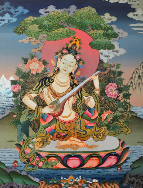 Tibetan-Buddhist-Sarasvati,-Bringing-Nature-Alive-With-Her-Veena